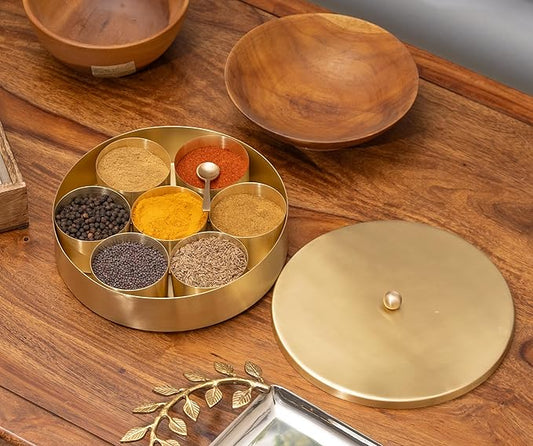 Handcrafted Brass Masala Box • 7 Compartments and a Spoon (पीतल की मसाला दानी)