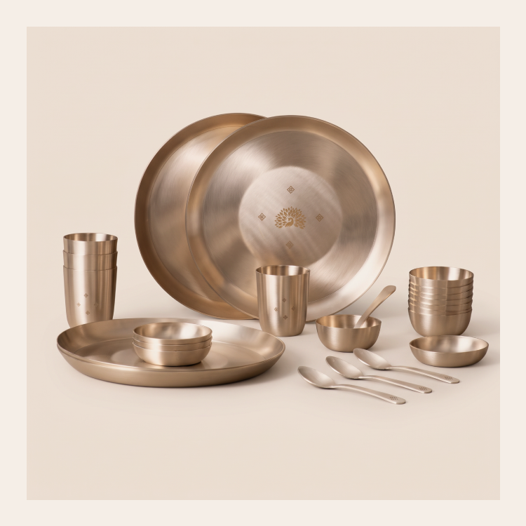 Kansa Dinner Set • 5 Designs • Serves 1 or 6 • Matte Finish • Thali Size - 11.5" • 100% Lead Free (कांसे का डिनर सेट)