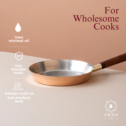 Traditional Copper Fry Pan with Tin Coating and Insulated Handle (तांबा का फ्राई पैन)