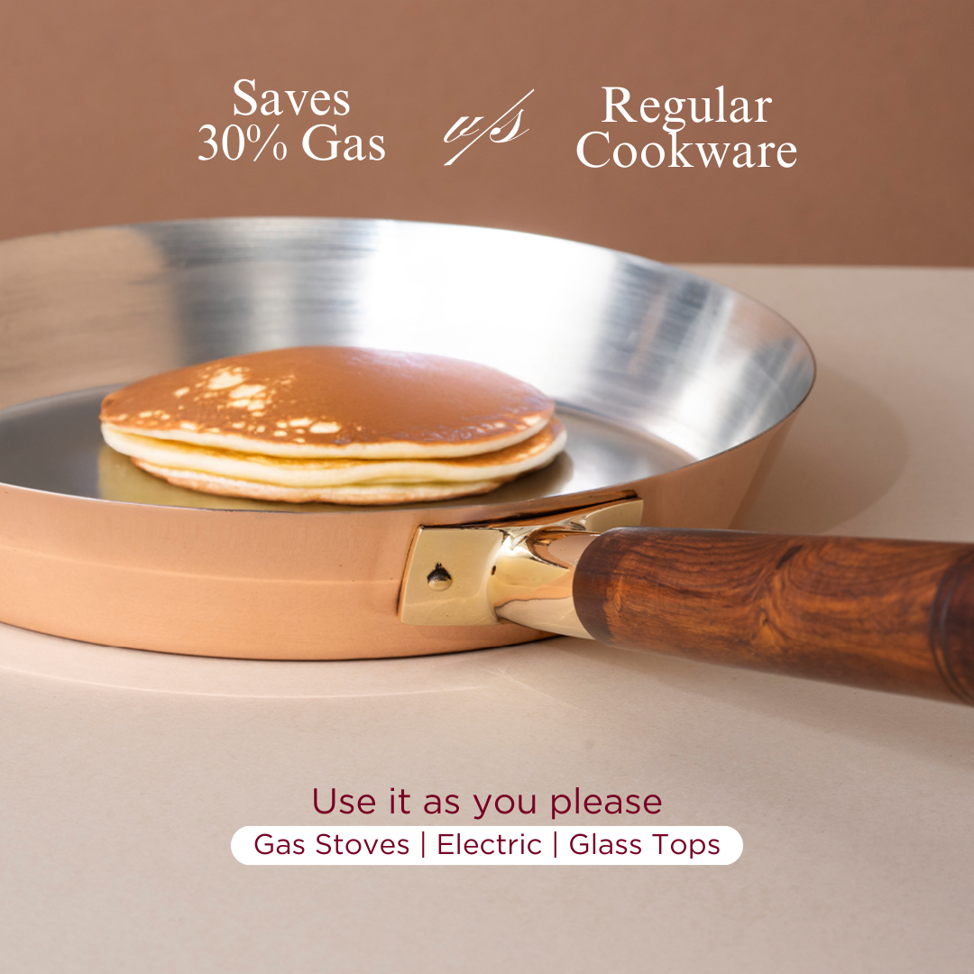 Traditional Copper Fry Pan with Tin Coating and Insulated Handle (तांबा का फ्राई पैन)