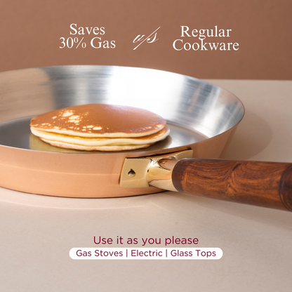 Traditional Copper Fry Pan with Tin Coating and Insulated Handle (तांबा का फ्राई पैन)