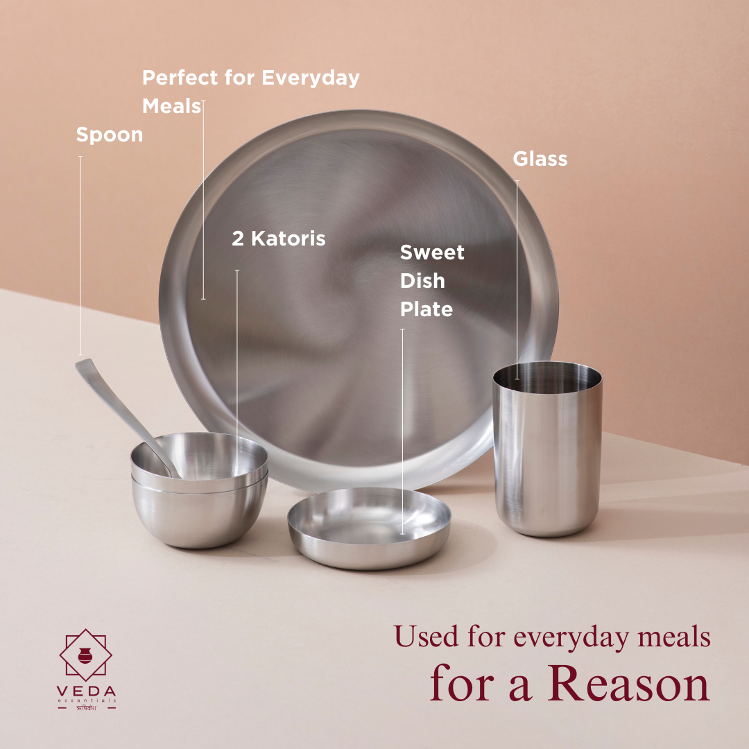 36-Piece Stainless Steel Solid Dinner Set • Matte Finish • Serves 6 (स्टील का डिनर सेट)