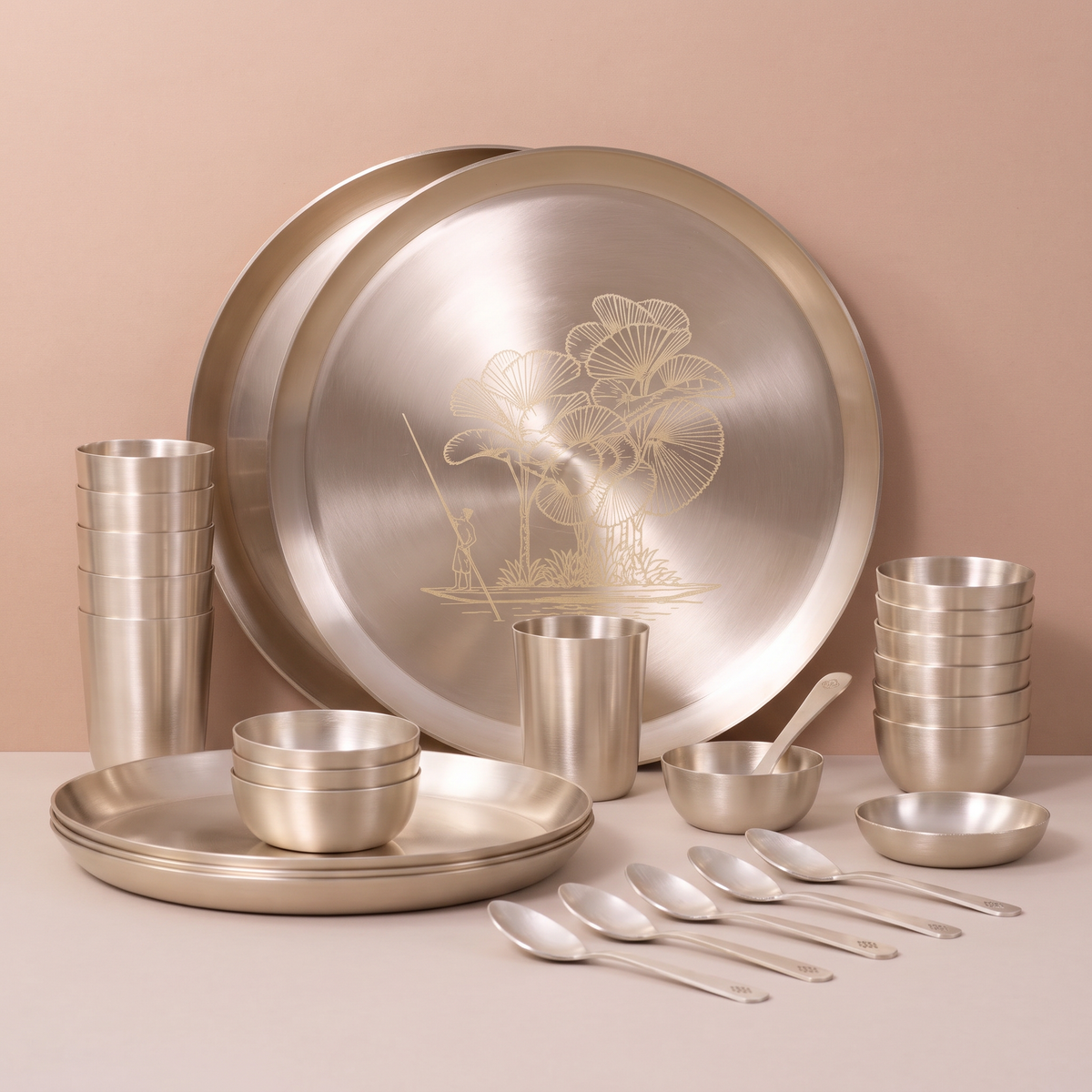 Boatman Motif 36-piece kansa dinner set