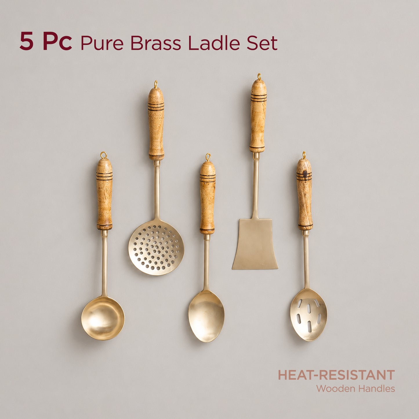 5-Piece Handcrafted Pure Brass Ladle Set •  Durable & Heat-Resistant Wooden Handles (पीतल के करछुल सेट)