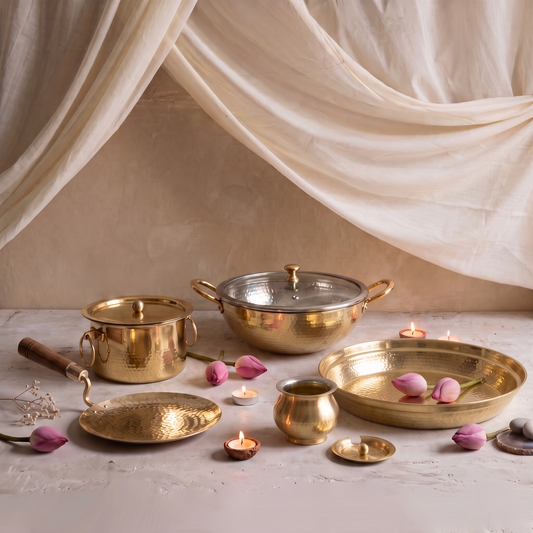 Brass Rasoi Set • Kadhai, Tawa, Patila, Ghee Pot & Paraat (पीतल का रसोई सेट)