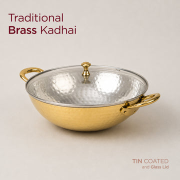 Traditional Brass Kadhai with Tin Coating and Glass Lid (Round Base) • 2.5 Litres | Total Weight w/ Lid: ~1.7 kg