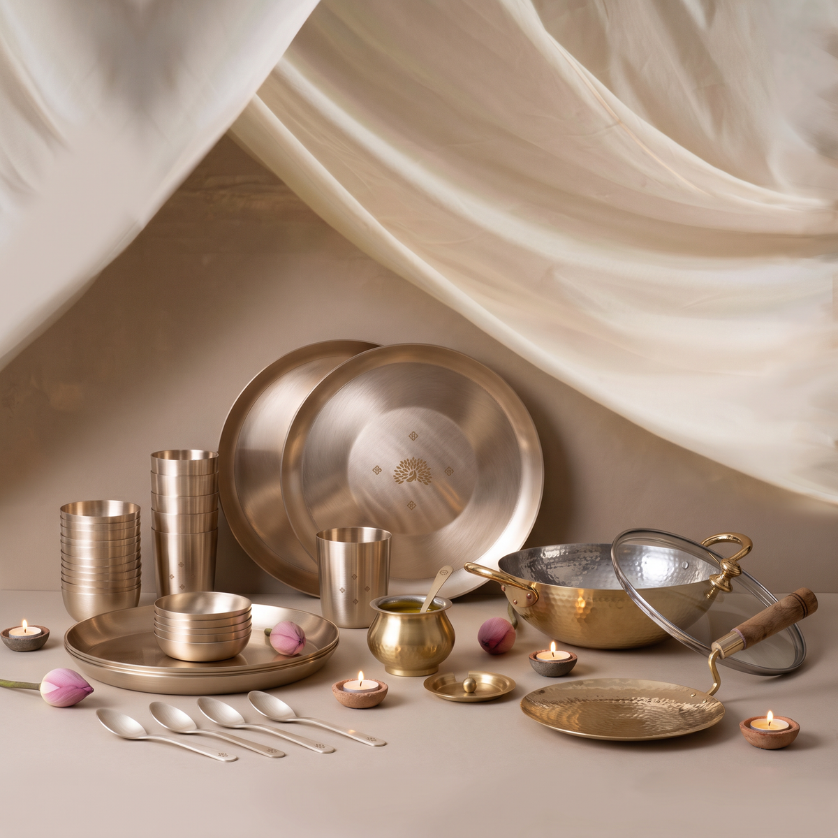 Complete Kitchen Set • 36-Piece Kansa Dinner Set + Brass Kadhai, Tawa & Ghee Pot