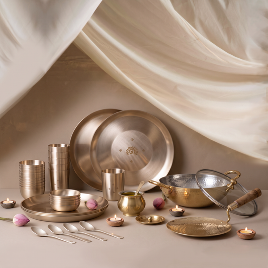 Complete Kitchen Set • 36-Piece Kansa Dinner Set + Brass Kadhai, Tawa & Ghee Pot