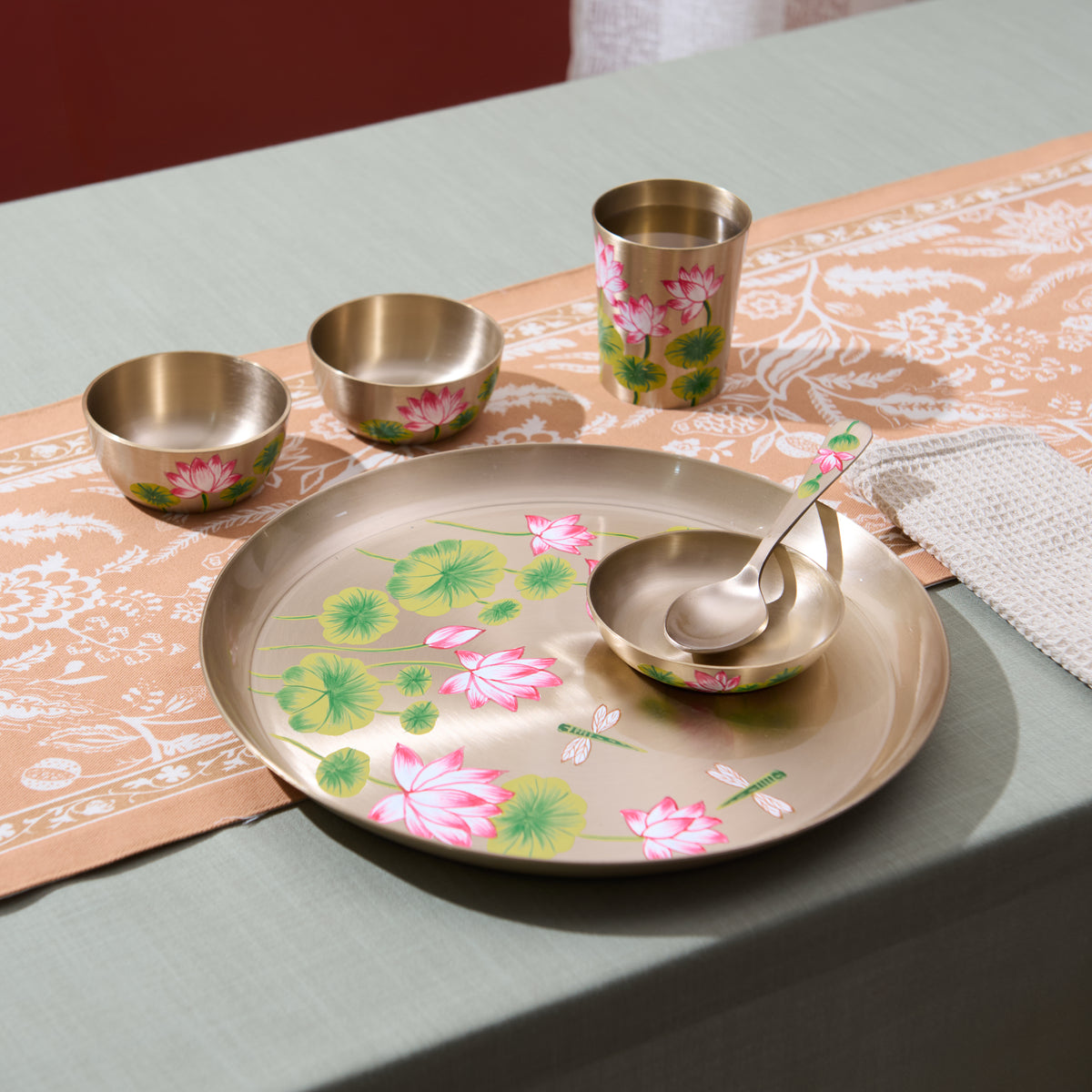 Hand-painted kansa dinner set – Lotus & Dragonfly