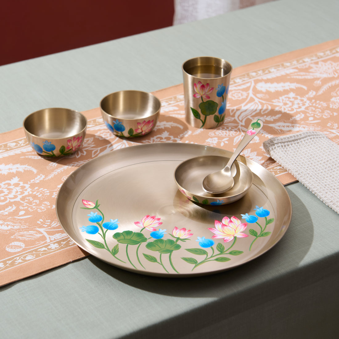Hand-painted kansa dinner set – Lotus & Blue Blossom