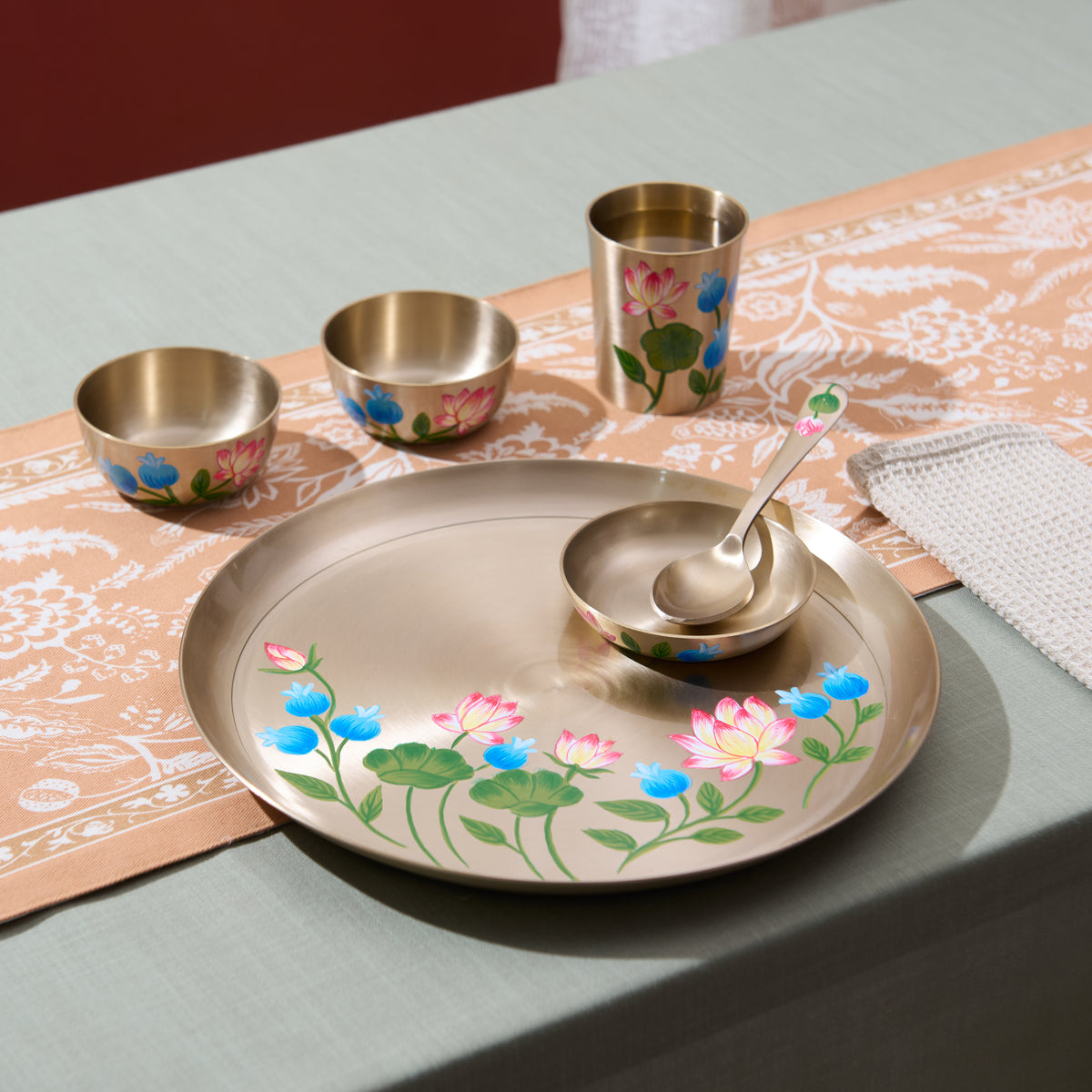Hand-painted kansa dinner set – Lotus & Blue Blossom
