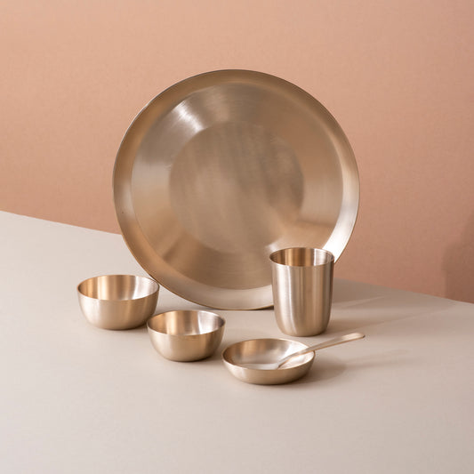 6-Piece Pure & Authentic Kansa Dinner Set • Matte Finish • Serves 1 • 11.5" Thali • 100% Lead-Free (कांसे का डिनर सेट)
