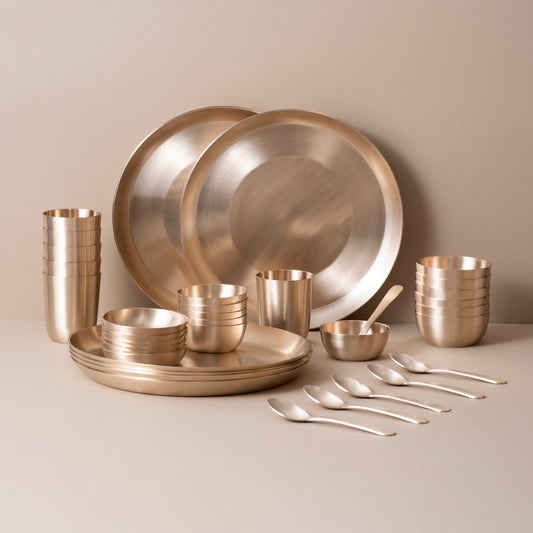 36-Piece Kansa Dinner Set • Serves 6 • 11.5″ Thali • Antique Matte Finish • 100% Lead Free (कांसे का डिनर सेट)