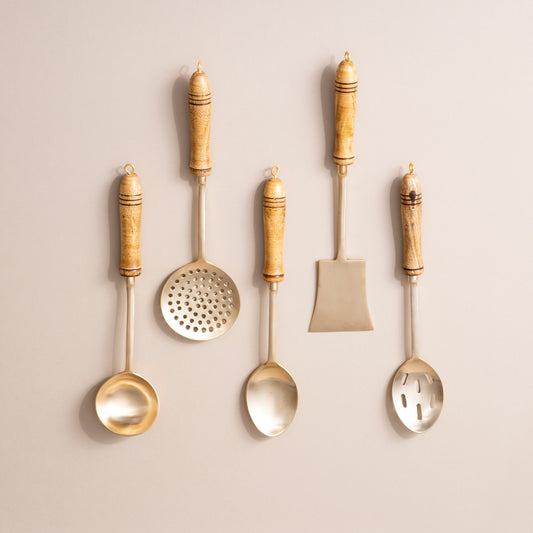 5-Piece Handcrafted Pure Brass Ladle Set •  Durable & Heat-Resistant Wooden Handles (पीतल के करछुल सेट)