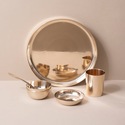 6-Piece Pure & Authentic Kansa Dinner Set • Gloss Finish • Serves 1 • 100% Lead-Free (कांसे का डिनर सेट)