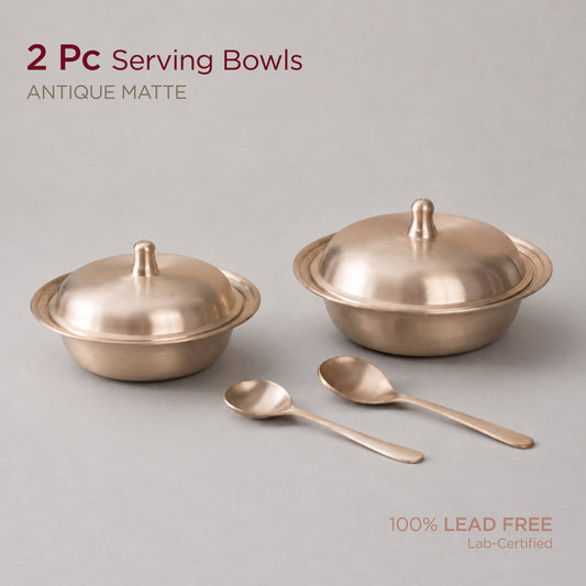 Pure Kansa Serving Bowls with Spoons - Set of 2 • Matte Finish • 100% Lead Free (कांसे का सर्विंग बाउल) | Total Weight: ~3 kg