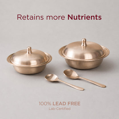 Pure Kansa Serving Bowls with Spoons - Set of 2 • Matte Finish • 100% Lead Free (कांसे का सर्विंग बाउल) | Total Weight: ~3 kg