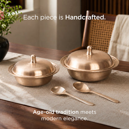Pure Kansa Serving Bowls with Spoons - Set of 2 • Matte Finish • 100% Lead Free (कांसे का सर्विंग बाउल) | Total Weight: ~3 kg