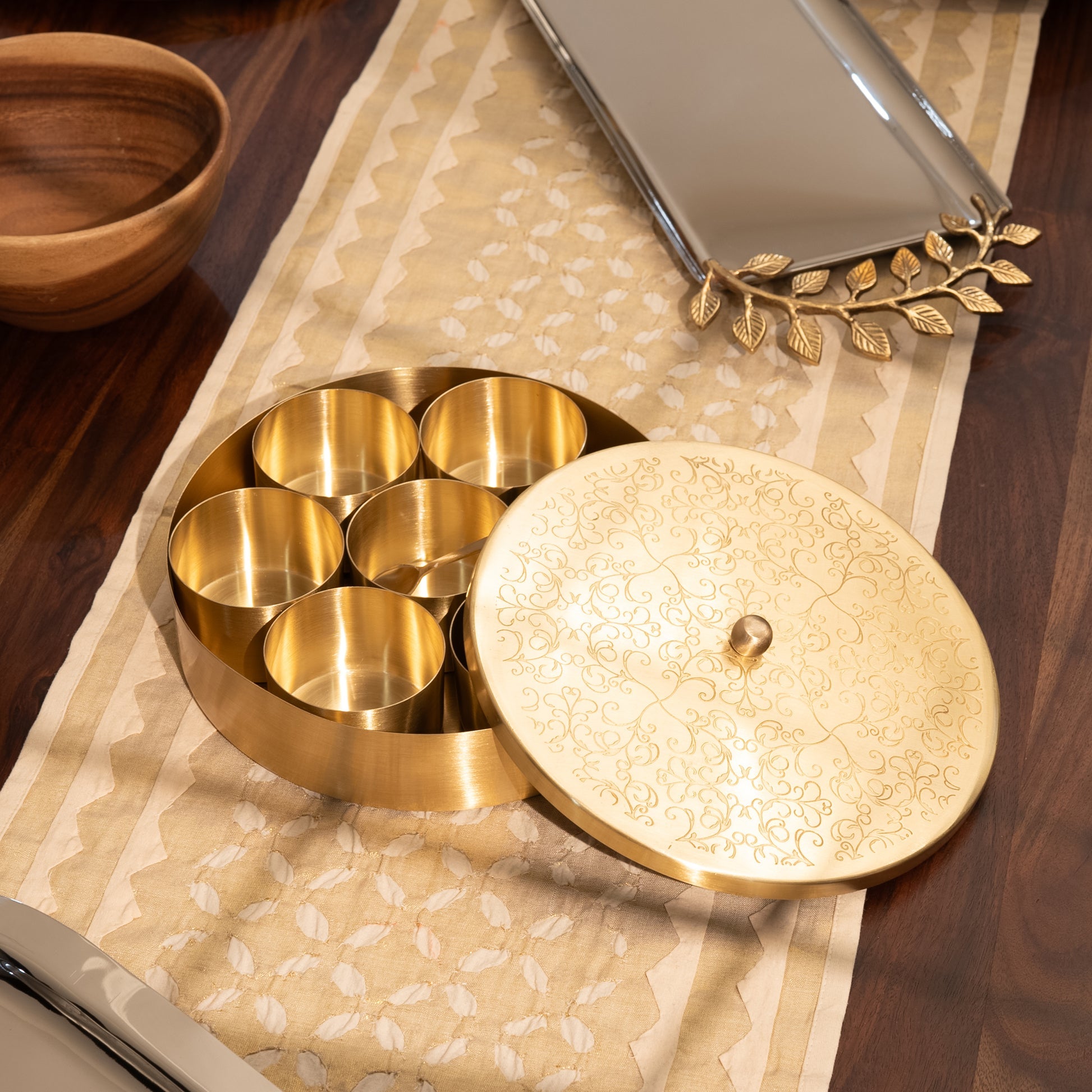 Handcrafted Brass Masala Box • 7 Compartments and a Spoon (पीतल की मसाला दानी)
