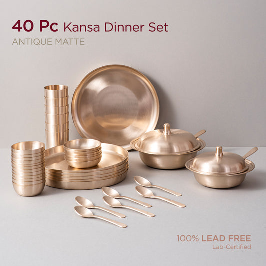 40-Piece Kansa Dinner Set • Antique Matte Finish • Serves 6 • 100% Lead Free (कांसे का डिनर सेट) | Total Weight: ~12 kg