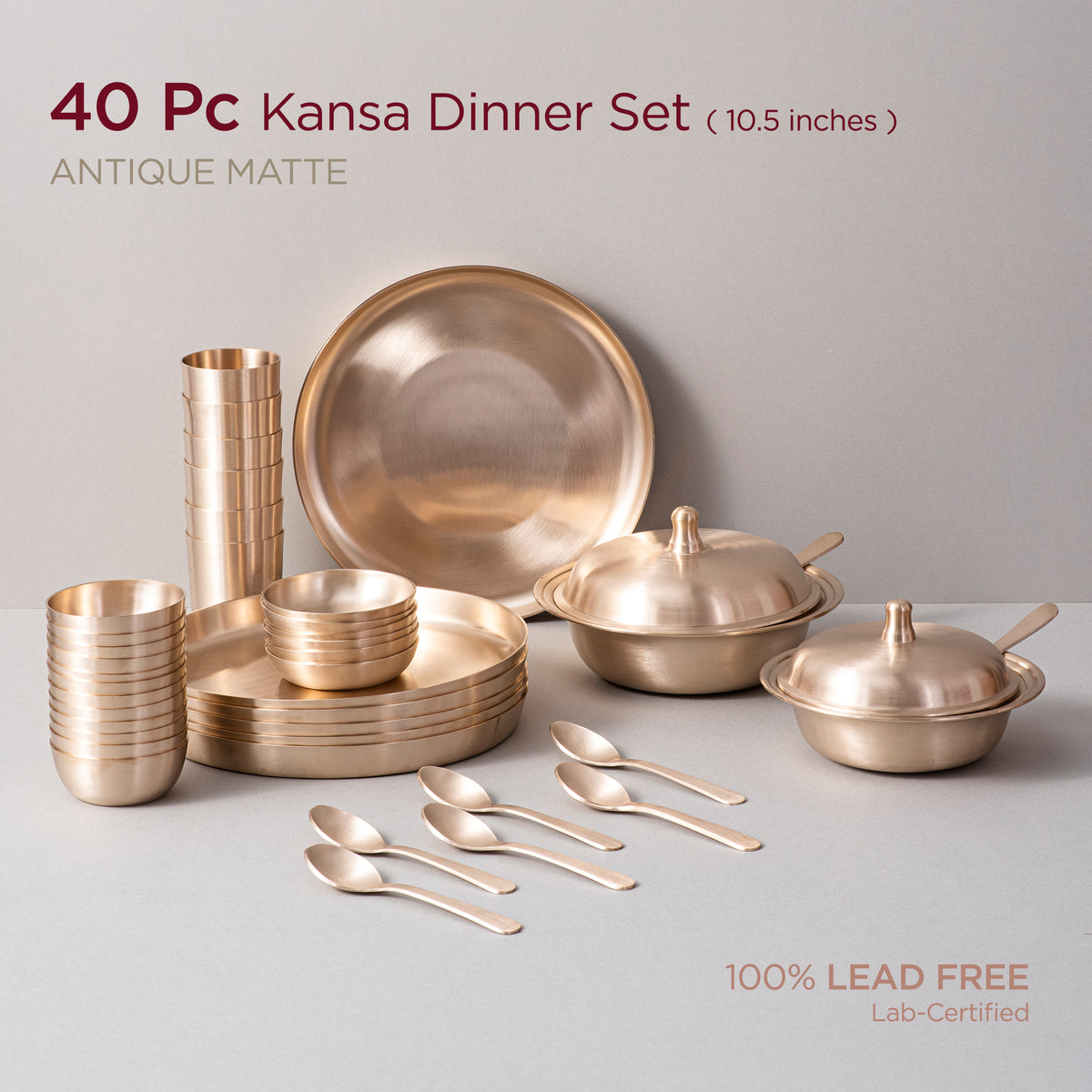 40-Piece Kansa Dinner Set • Antique Matte Finish • 10.5 inch • Serves 6 • 100% Lead Free (कांसे का डिनर सेट) | Total Weight: ~12 kg