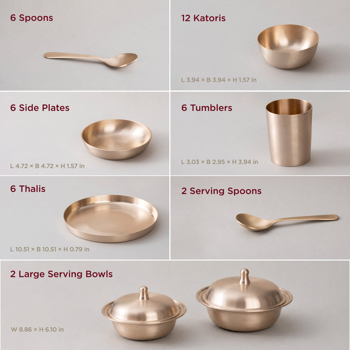 40-Piece Kansa Dinner Set • Antique Matte Finish • 10.5 inch • Serves 6 • 100% Lead Free (कांसे का डिनर सेट) | Total Weight: ~12 kg