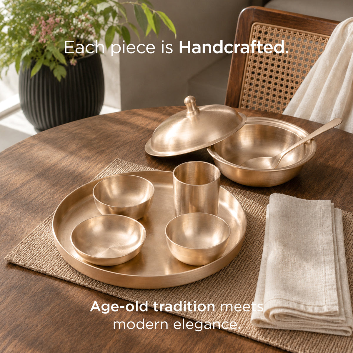 40-Piece Kansa Dinner Set • Antique Matte Finish • 10.5 inch • Serves 6 • 100% Lead Free (कांसे का डिनर सेट) | Total Weight: ~12 kg