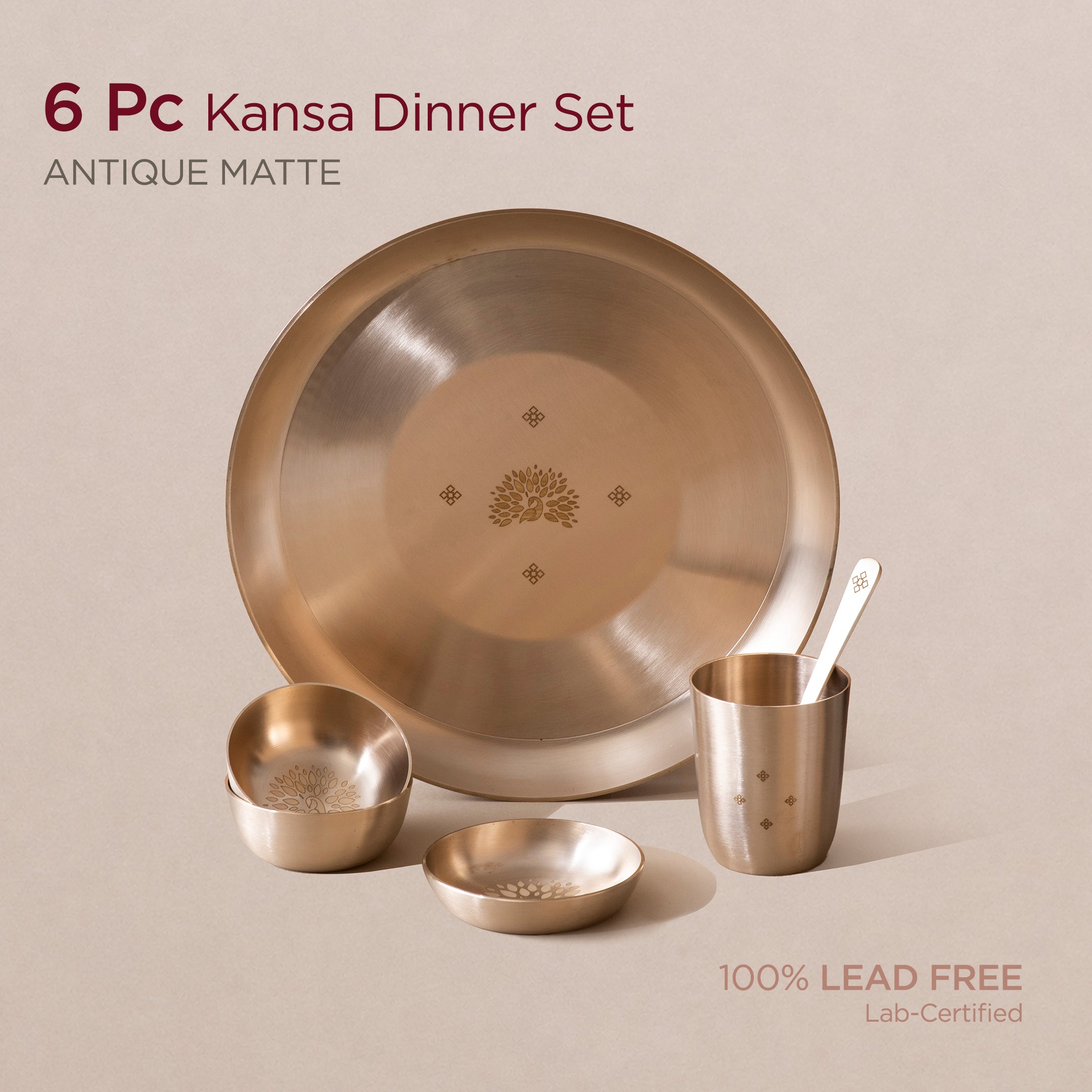Peacock Motif • 11.5" Kansa Dinner Set • Matte Finish • Thali Size - 11.5" • 100% Lead Free (कांसे का डिनर सेट)