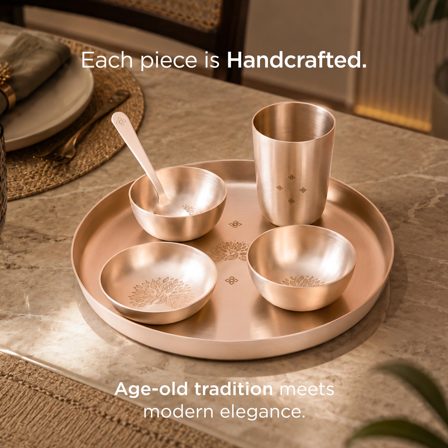 Peacock Motif • 11.5" Kansa Dinner Set • Matte Finish • Thali Size - 11.5" • 100% Lead Free (कांसे का डिनर सेट)