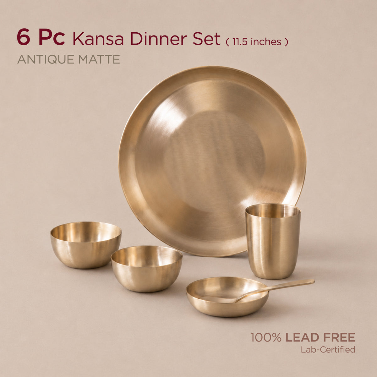 Kansa Dinner Set • 5 Designs • Serves 1 or 6 • Matte Finish • Thali Size - 11.5" • 100% Lead Free (कांसे का डिनर सेट)