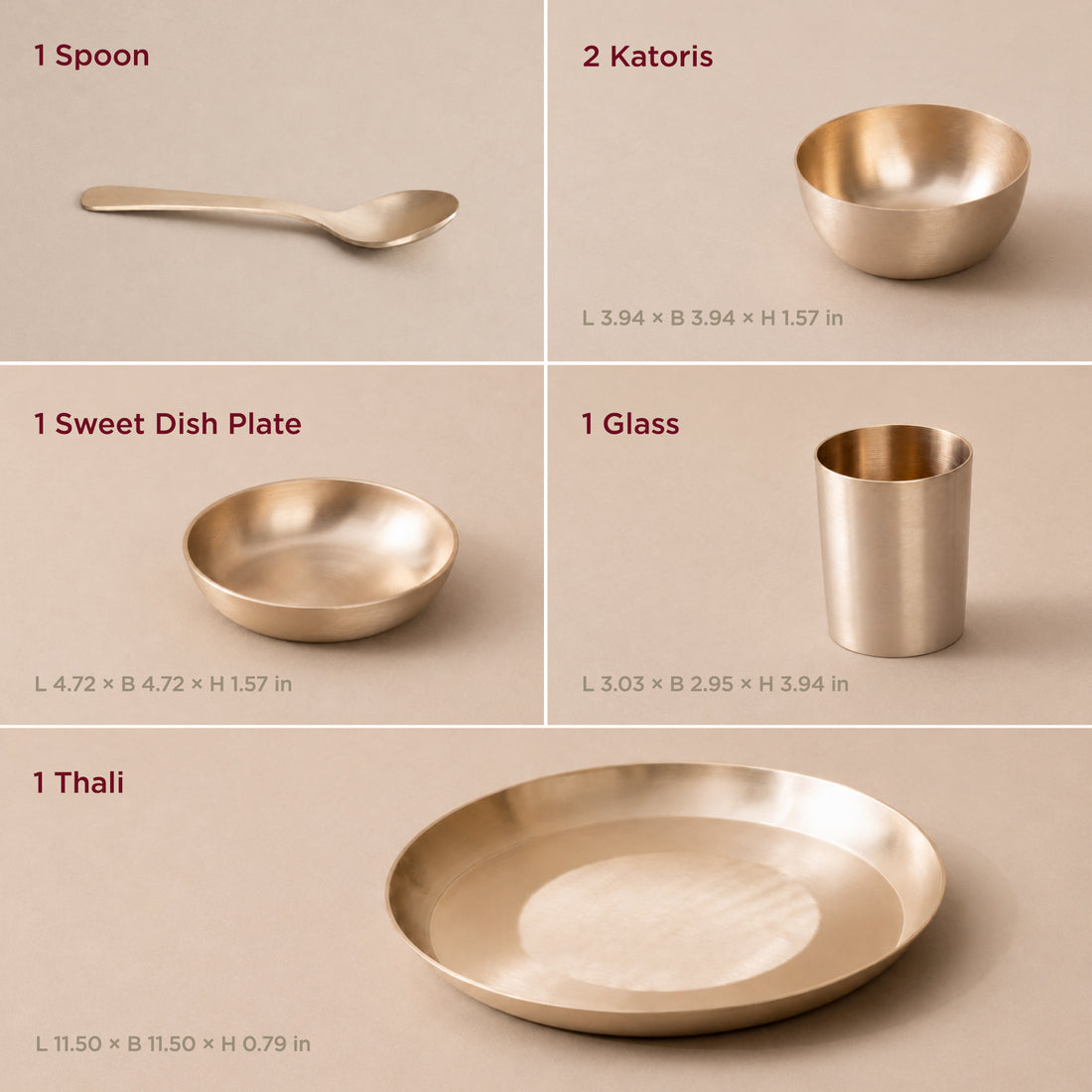 Kansa Dinner Set • 5 Designs • Serves 1 or 6 • Matte Finish • Thali Size - 11.5" • 100% Lead Free (कांसे का डिनर सेट)