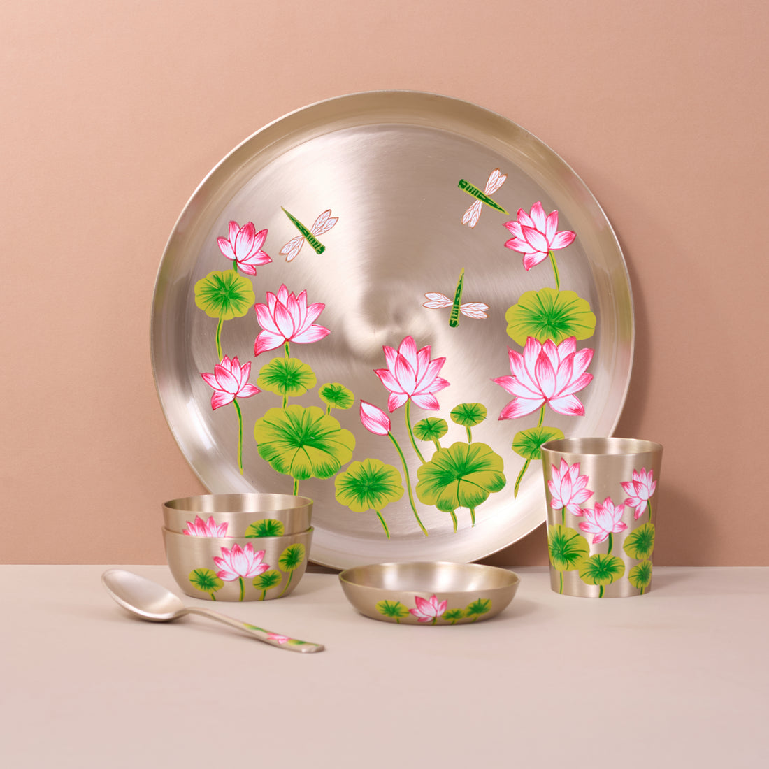 Hand-painted kansa dinner set – Lotus & Dragonfly