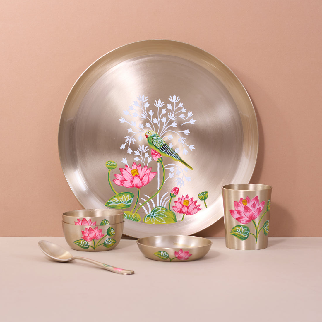 Hand-Painted Kansa Dinner Set • Bird & Lotus Collection • Serves 1 or 6 • Thali Size 11.5" (कांसे का डिनर सेट)