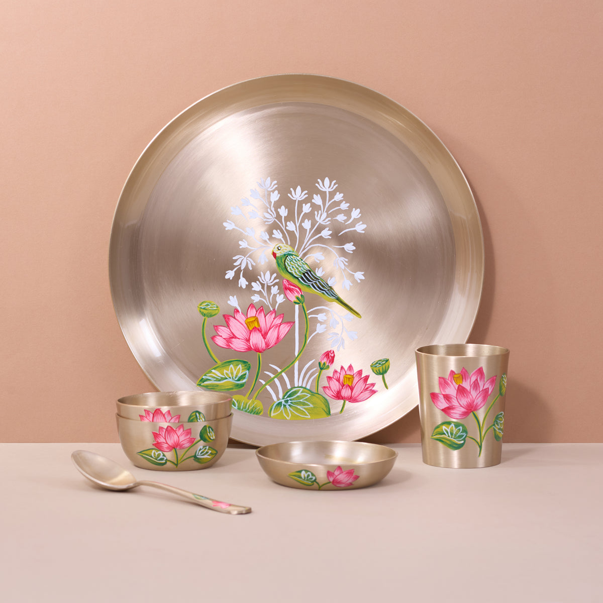 Hand-Painted Kansa Dinner Set • Bird & Lotus Collection • Serves 1 or 6 • Thali Size 11.5" (कांसे का डिनर सेट)