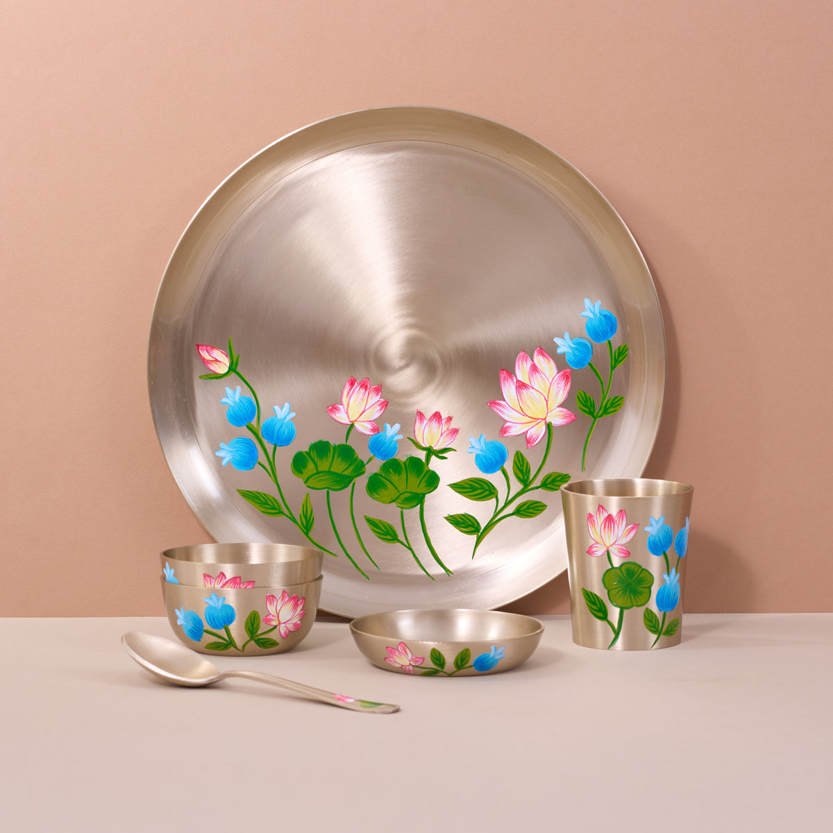 Hand-painted kansa dinner set – Lotus & Blue Blossom