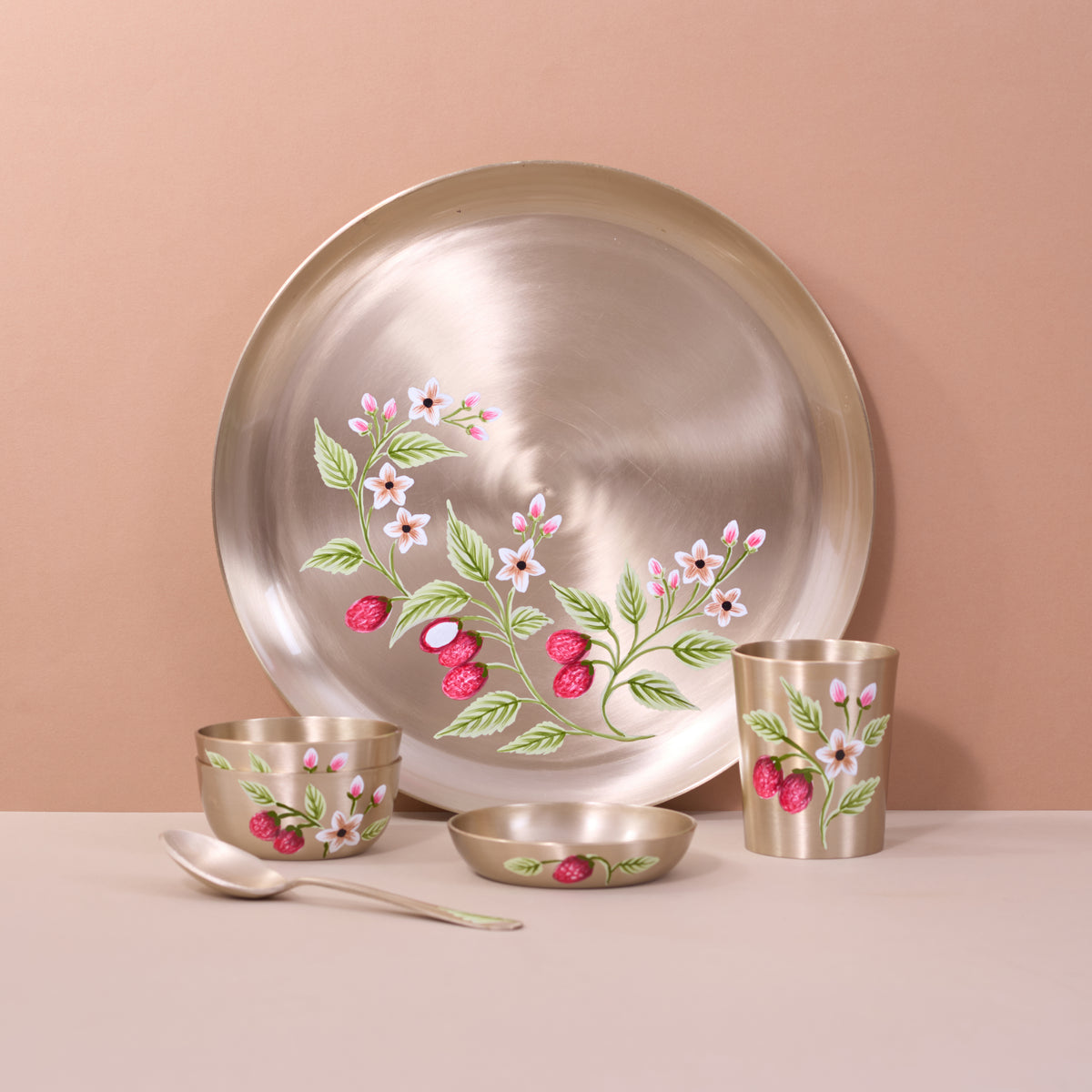 Hand-painted kansa dinner set – Berry & Floral