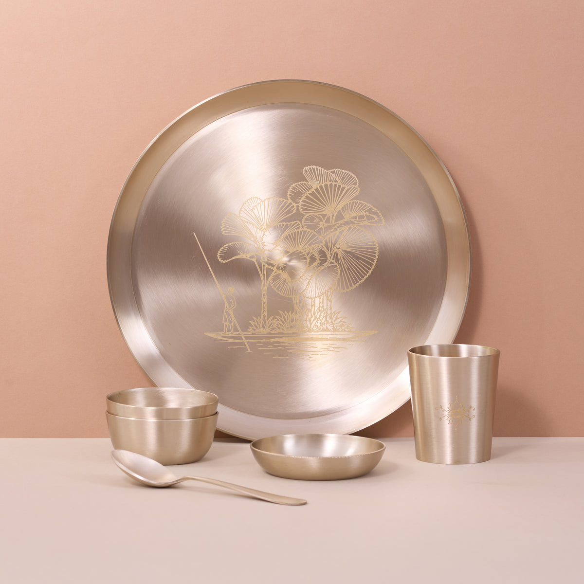 Kansa Dinner Set • 5 Designs • Serves 1 or 6 • Matte Finish • Thali Size - 11.5" • 100% Lead Free (कांसे का डिनर सेट)