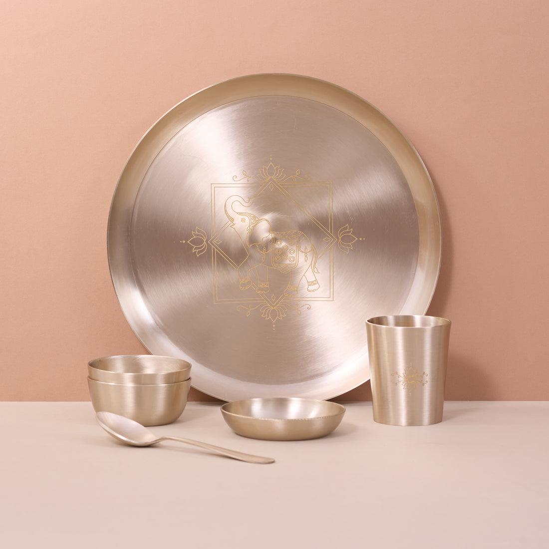 Kansa Dinner Set • 5 Designs • Serves 1 or 6 • Matte Finish • Thali Size - 11.5" • 100% Lead Free (कांसे का डिनर सेट)