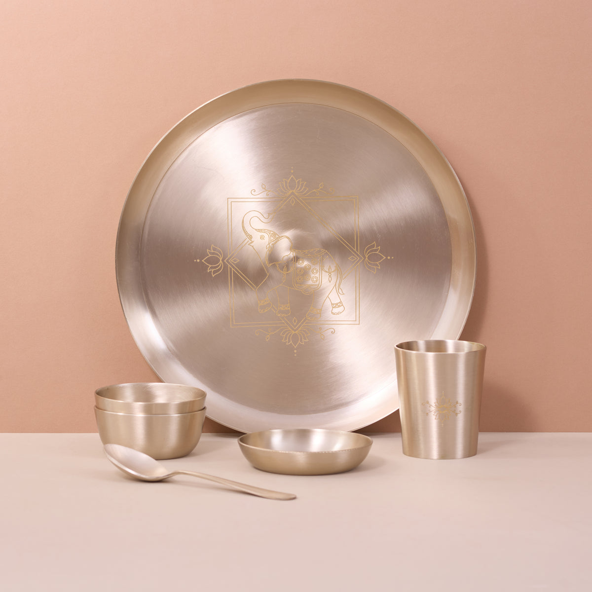 Kansa Dinner Set • 5 Designs • Serves 1 or 6 • Matte Finish • Thali Size - 11.5" • 100% Lead Free (कांसे का डिनर सेट)