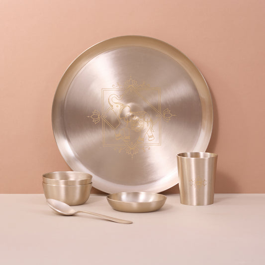 Elephant Motif • 6 Pcs 11.5" Kansa Dinner Set • Matte Finish • Thali Size - 11.5" • 100% Lead Free (कांसे का डिनर सेट)