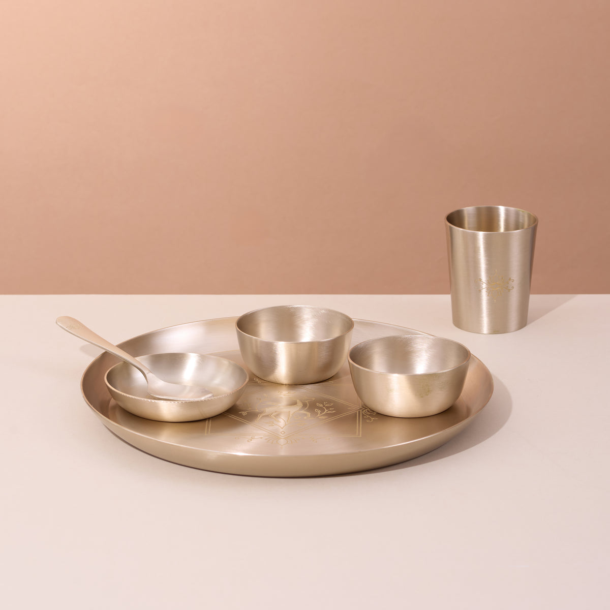 Kansa Dinner Set • 5 Designs • Serves 1 or 6 • Matte Finish • Thali Size - 11.5" • 100% Lead Free (कांसे का डिनर सेट)
