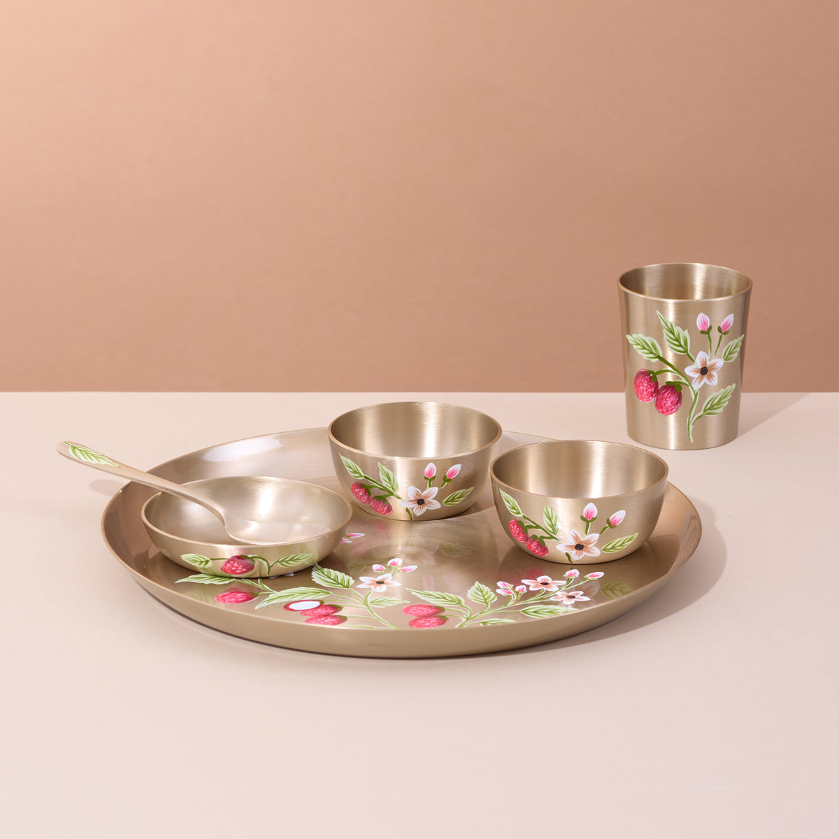 Hand-painted kansa dinner set – Berry & Floral