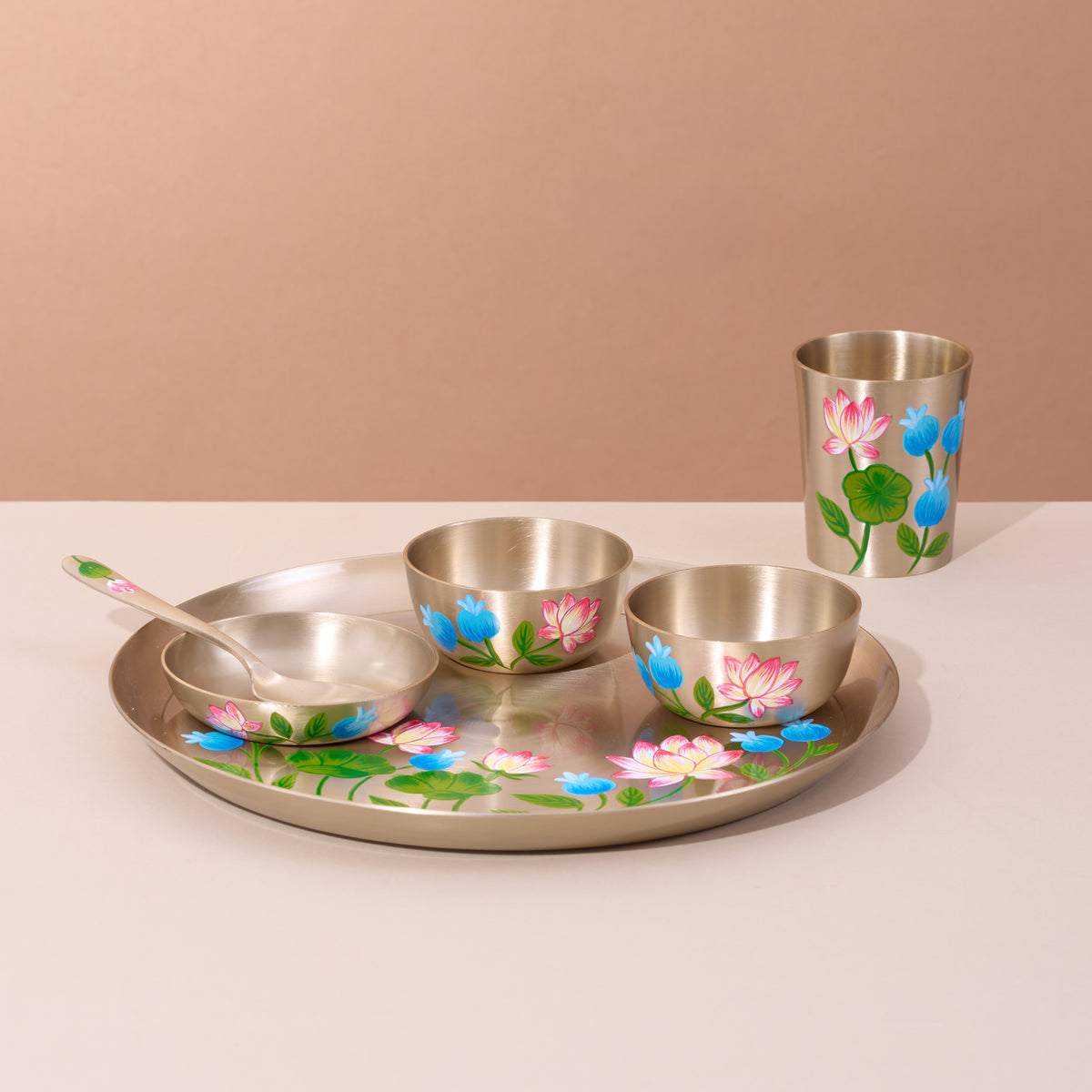 Hand-painted kansa dinner set – Lotus & Blue Blossom
