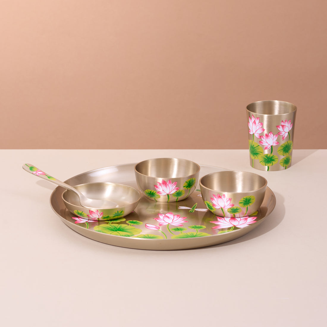 Hand-painted kansa dinner set – Lotus & Dragonfly
