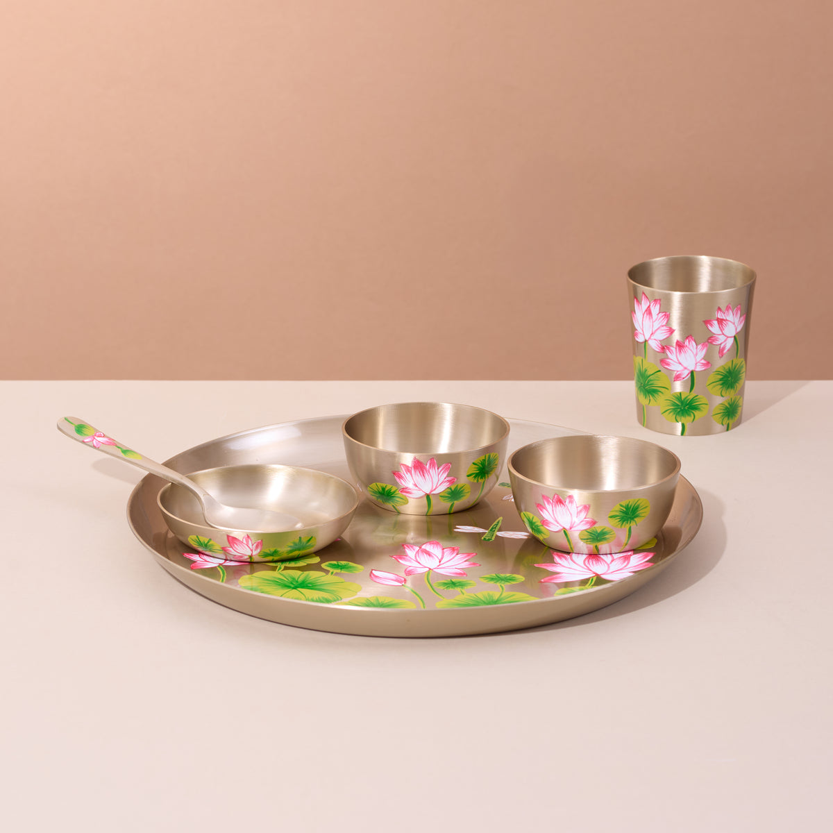 Hand-painted kansa dinner set – Lotus & Dragonfly