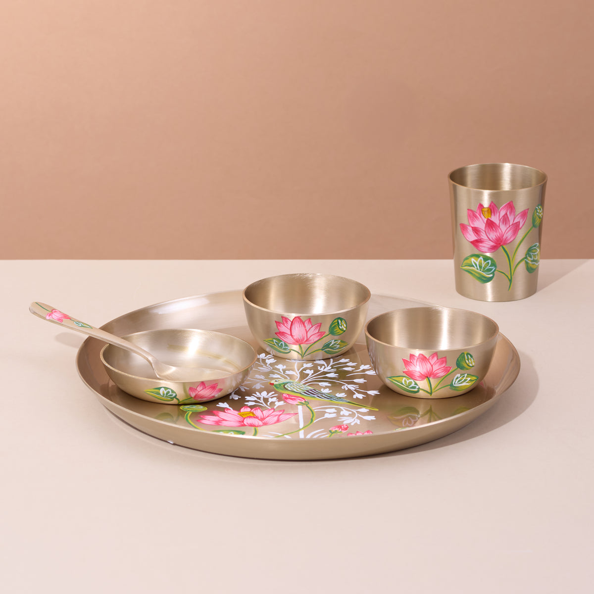 Hand-Painted Kansa Dinner Set • Bird & Lotus Collection • Serves 1 or 6 • Thali Size 11.5" (कांसे का डिनर सेट)