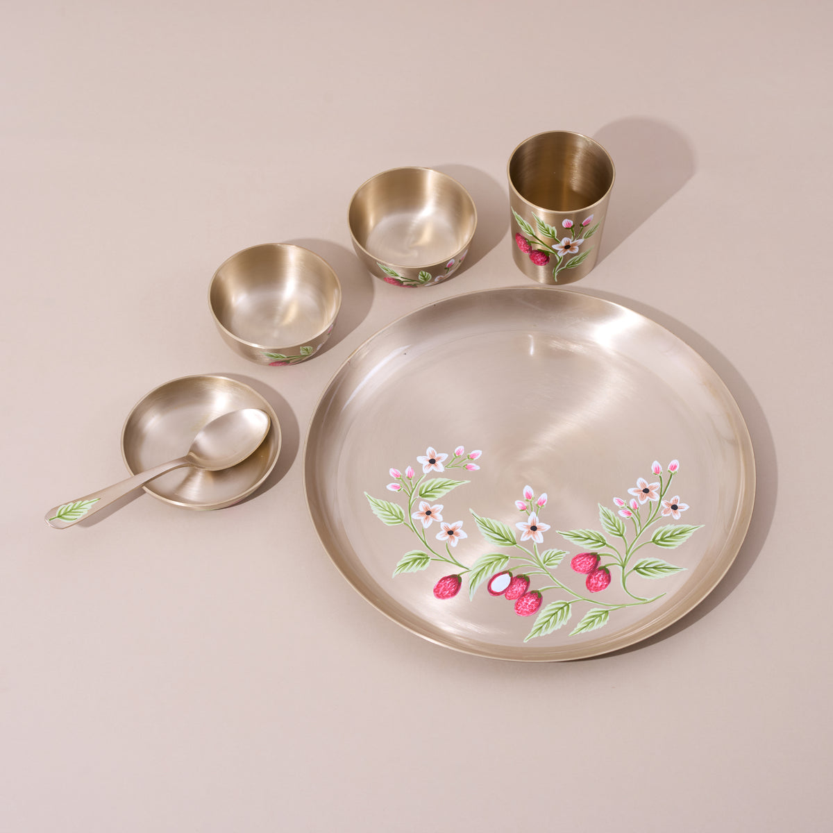 Hand-painted kansa dinner set – Berry & Floral