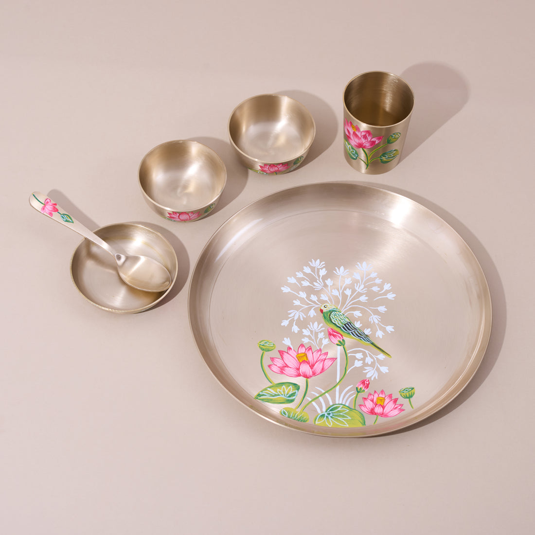 Hand-Painted Kansa Dinner Set • Bird & Lotus Collection • Serves 1 or 6 • Thali Size 11.5" (कांसे का डिनर सेट)