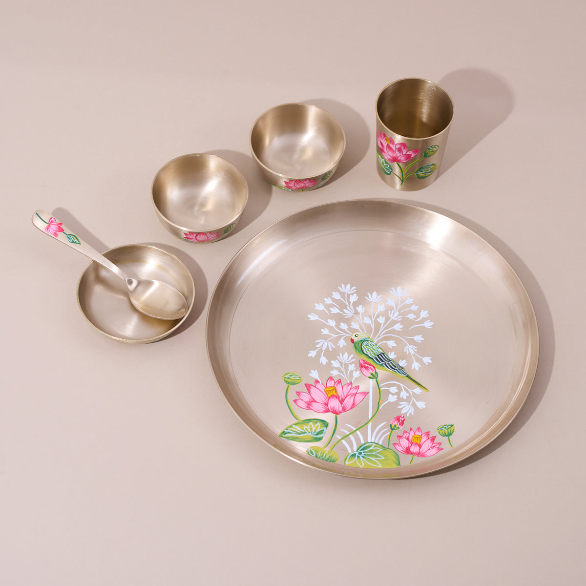 Hand-Painted Kansa Dinner Set • Bird & Lotus Collection • Serves 1 or 6 • Thali Size 11.5" (कांसे का डिनर सेट)