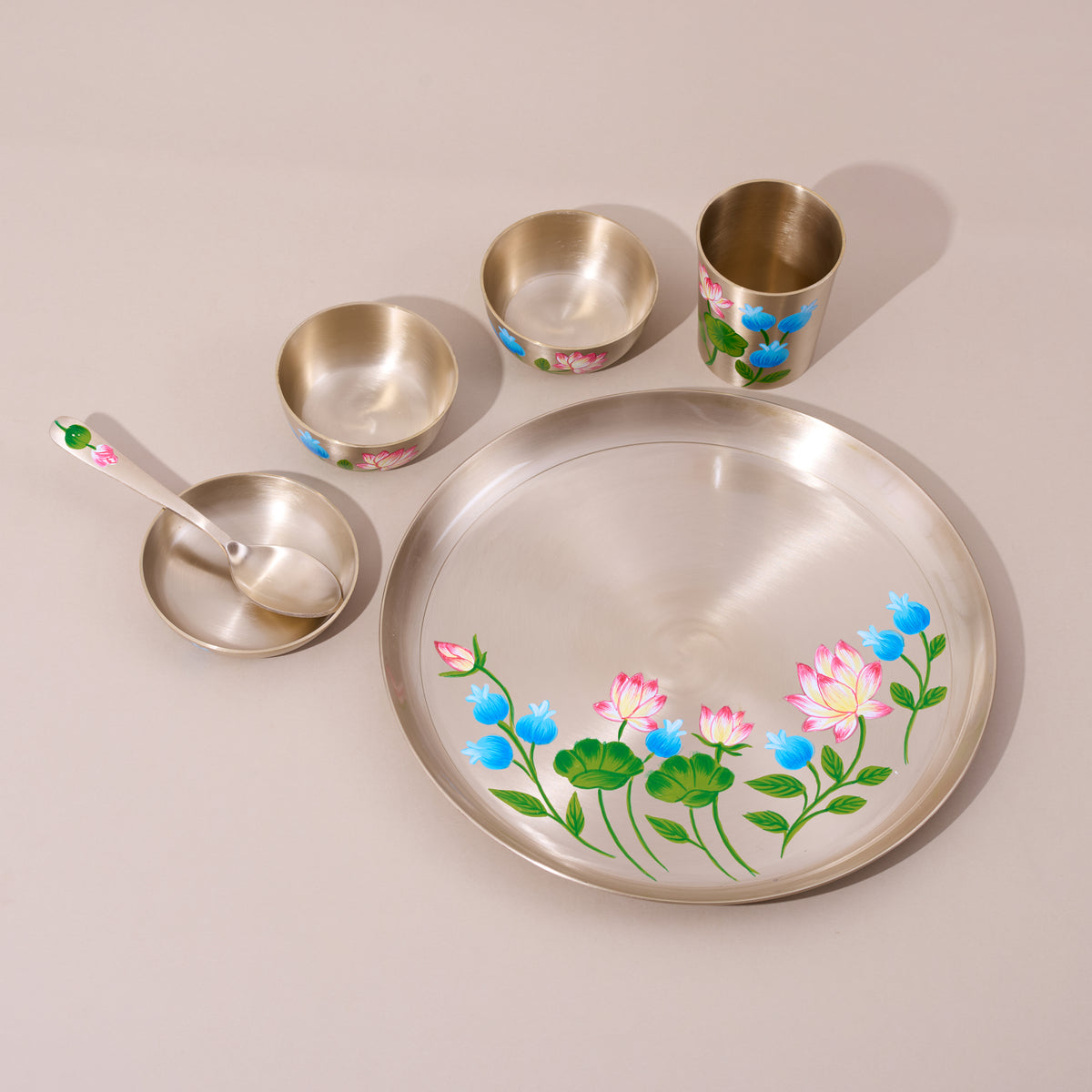 Hand-painted kansa dinner set – Lotus & Blue Blossom